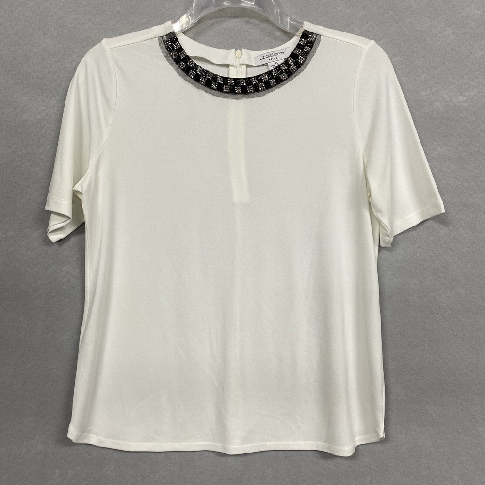 Liz Claiborne Women PL Blouse Ivory Beaded Neckline Short Sleeve Classic Top